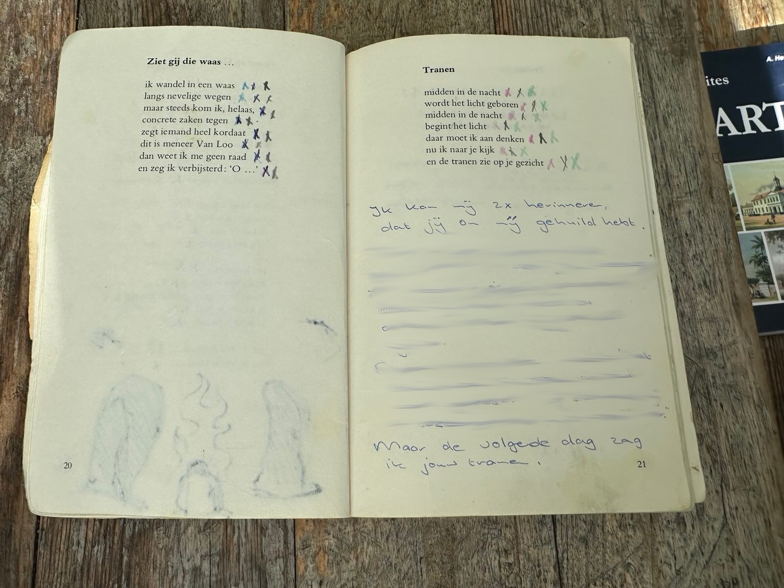 Picture of the pages in question. On the left page, number 20, is the following poem (in Dutch): Ziet gij die waas ... / ik wandel in een waas / langs nevelige wegen / maar steeds kom ik, helaas, / concrete zaken tegen / zegt iemand heel kordaat / dit is meneer Van Loo / dan weet ik me geen raad / en zeg ik verbijsterd: 'O ...'. On the right page, number 21, is the following poem (also in Dutch): Tranen / midden in de nacht / wordt het licht geboren / midden in de nacht / begint het licht / daar moet ik aan denken / nu ik naar je kijk / en de tranen zie op je gezicht. Both poems have little x marks at the end of each line (except for the titles). On the left page you can see the ghosts of the drawing that is apparently on page 19. It looks like flames flanked with boulders. On the right page, under the poem, is a hand-written text in blue ink. It reads "Ik kan mij 2x herinneren dat jij om míj́ gehuild hebt.", then 10 lines that I blurred to protect the writer's privacy. Then the final two lines: "Maar de volgende dag zag ik jouw tranen."