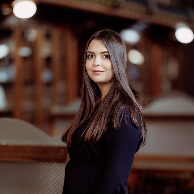 Professional 3/4 profile of a young woman with chestnut hair. She is dressed in navy blue, smiling at the camera and is photographed in an antique library.
