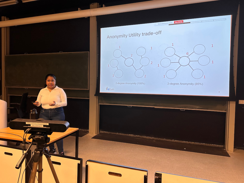 Sreevidya presents her work. She stands in a lecture hall, in front of a slide that is titled "Anonymity Utility trade-off" and a bunch of empty blackboards. The slide shows two social networks on 7 nodes each. The left one consists of a 2-node line graph and a 5-node line graph and has the caption "2-degree Anonymity (100%)". The right one shows a star graph and is captioned with "2-degree Anonymity (85%)". Sreevidya is holding a pointer and making explanation gestures at the audience. The presentation is being livestreamed, as is evidenced by the "You are sharing your screen" message and camera in de bottom-left corner, pointed at Sreevidya.